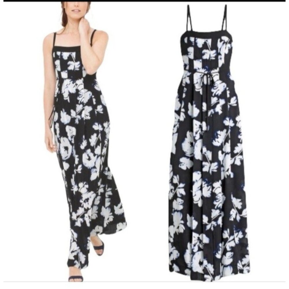 WHBM Maxi Dress 4 Black Blue White Floral Sleeveless Strappy Summer Washable